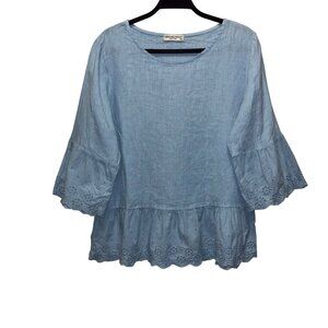 Terzo Millennio Women's Blue Linen Blouse Eyelet Trim Sleeves L Made In Italy